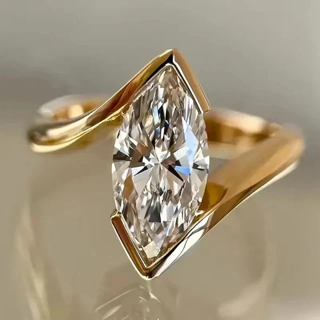 3Ct Marquise Cut Moissanite Solitaire Engagement Ring 14K Yellow Gold Plated