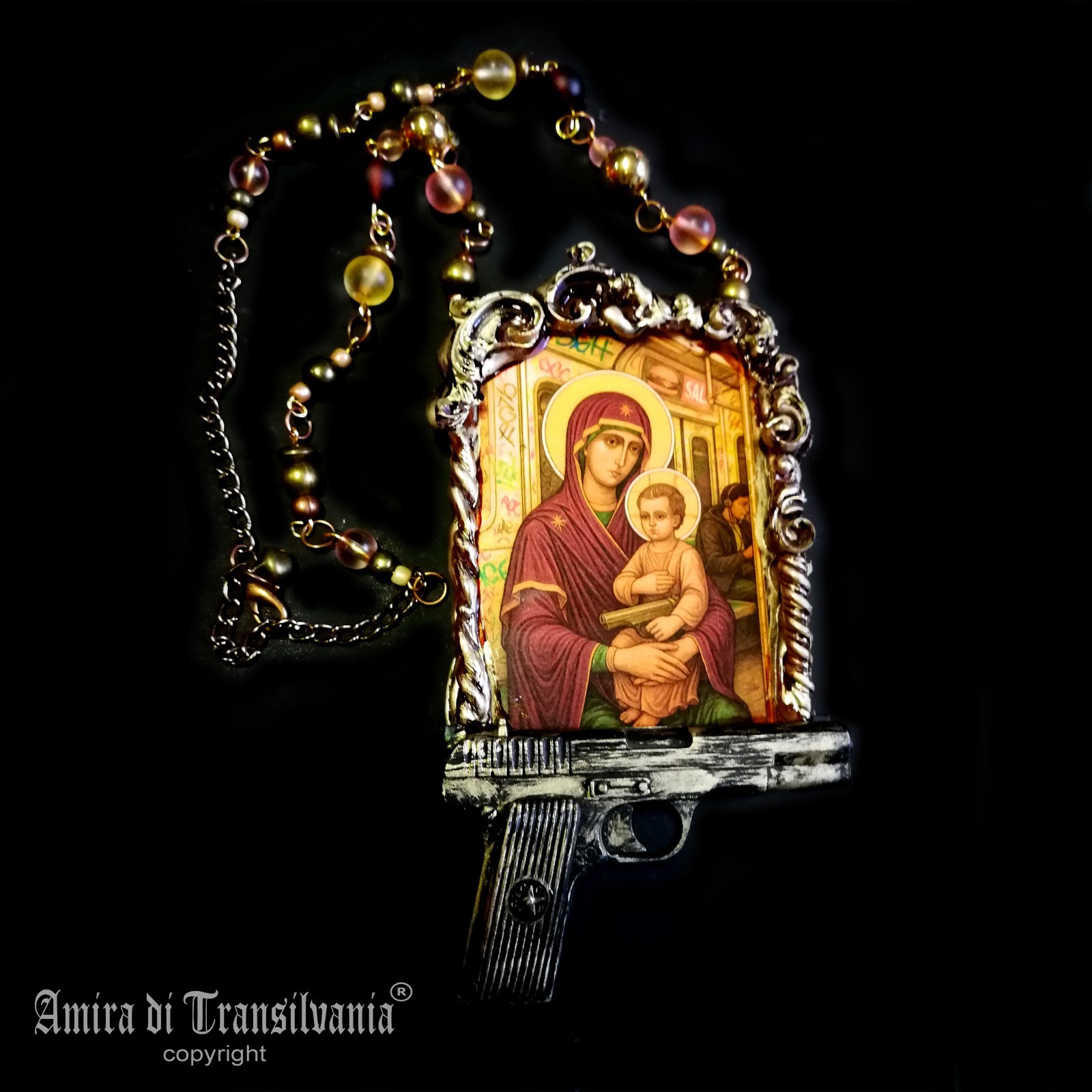 Assemblage Jewelry Pendant Holy Pop Religion Madonna Jesus Child Pistol Revolver