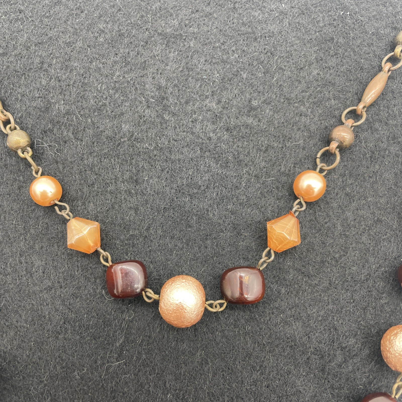 Vintage Style Brown Tones Beaded Layered Necklace With Geometric Beads 37 In