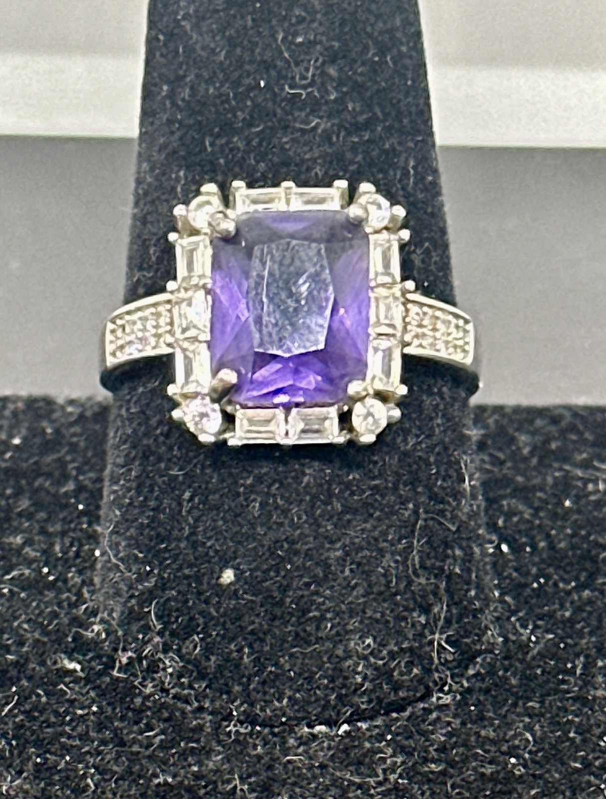 Vintage Purple Emerald Cut Halo Statement Ring Silver Tone Size 9