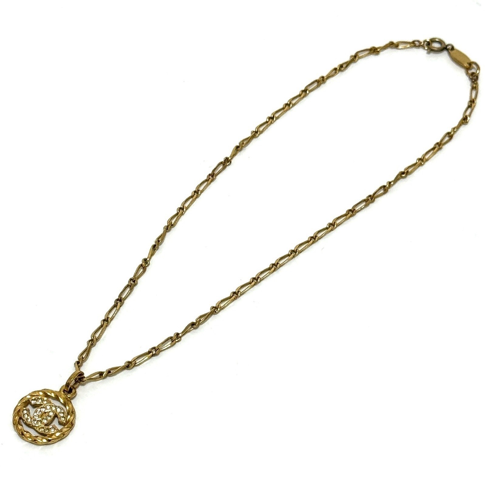 CHANEL 3433 COCO Mark CC Logo Necklace Rhinestone Gold Vintage Authentic JAPAN