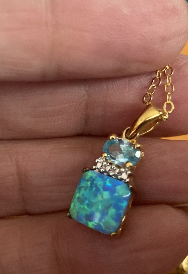 New TECHNIBOND Blue Lab Opal Topaz White CZ Necklace Ring Set HSN Lot