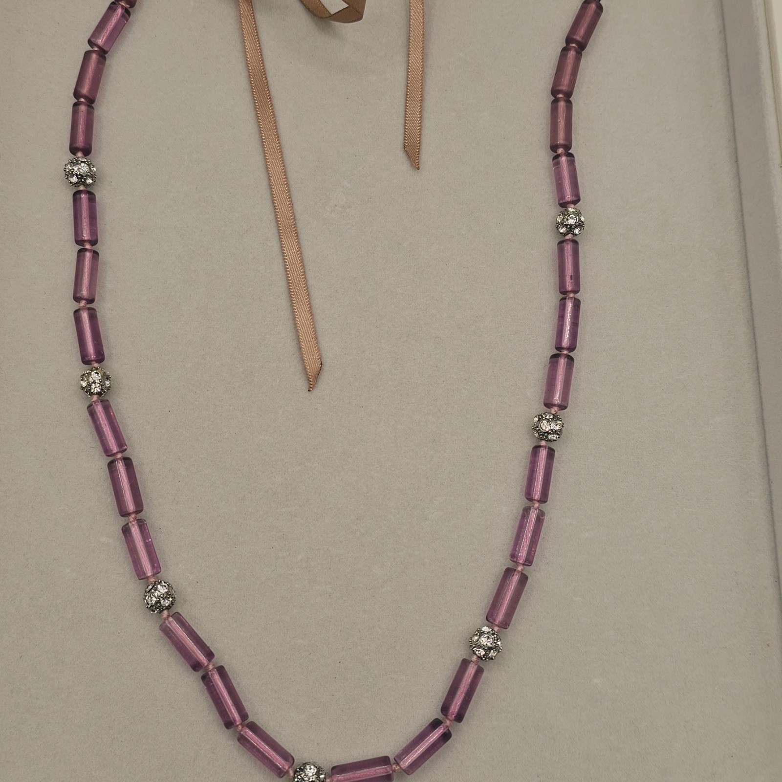 Lavender Purple Tube Bead Ribbon Tie Necklace Rhinestone Bead Spacers Coquette