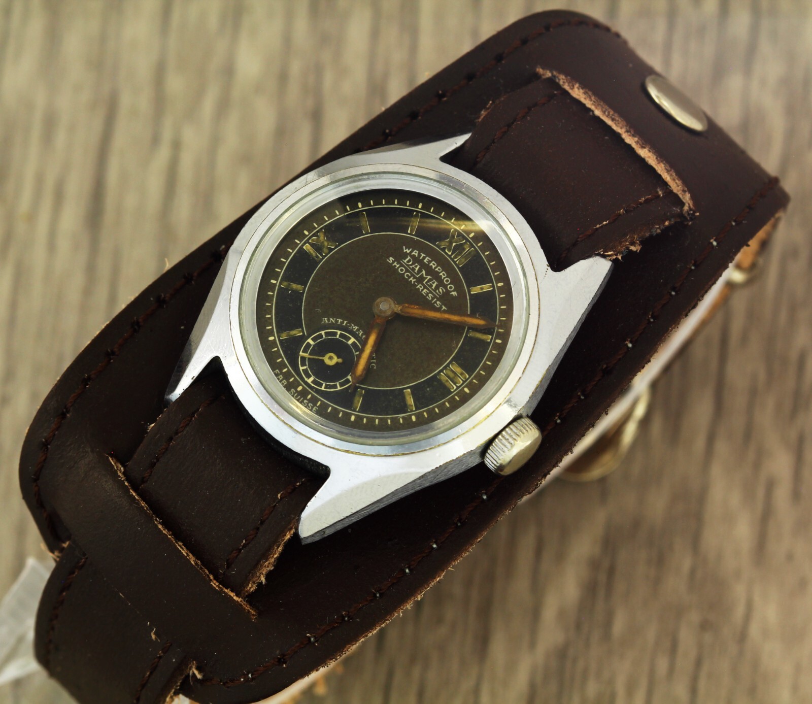 Damas shock-resist Swiss made mechanical military 1950s wristwatch black dial