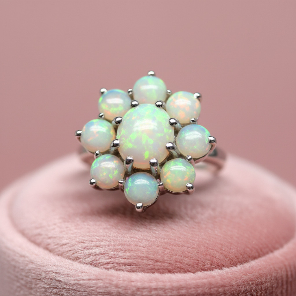 Ethiopian Opal Cluster Flower Ring 925 Sterling Silver Handmade Jewelry