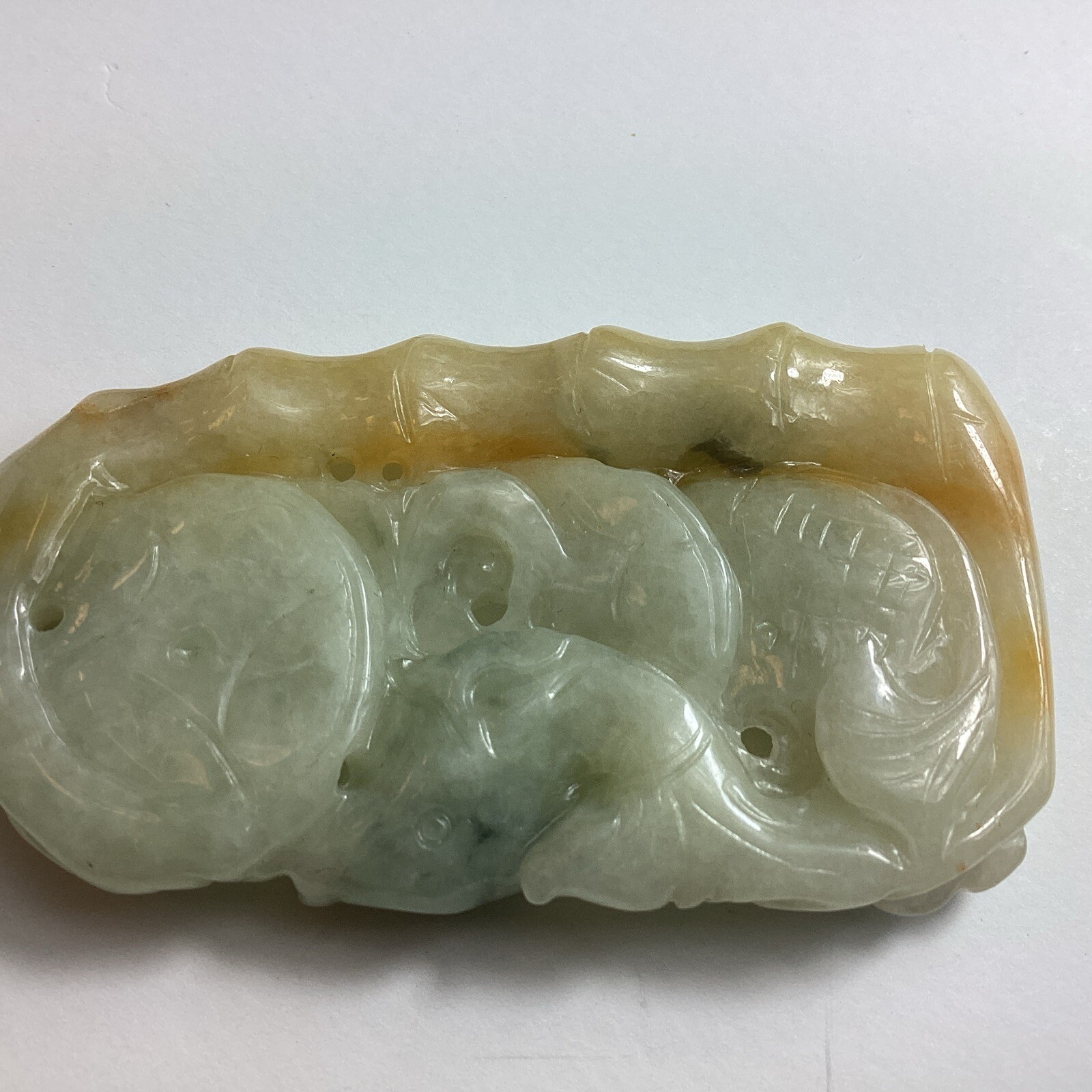 Light Tan Jadeite 2 Fish, Lucky Coin, Bamboo Translucent Pendant