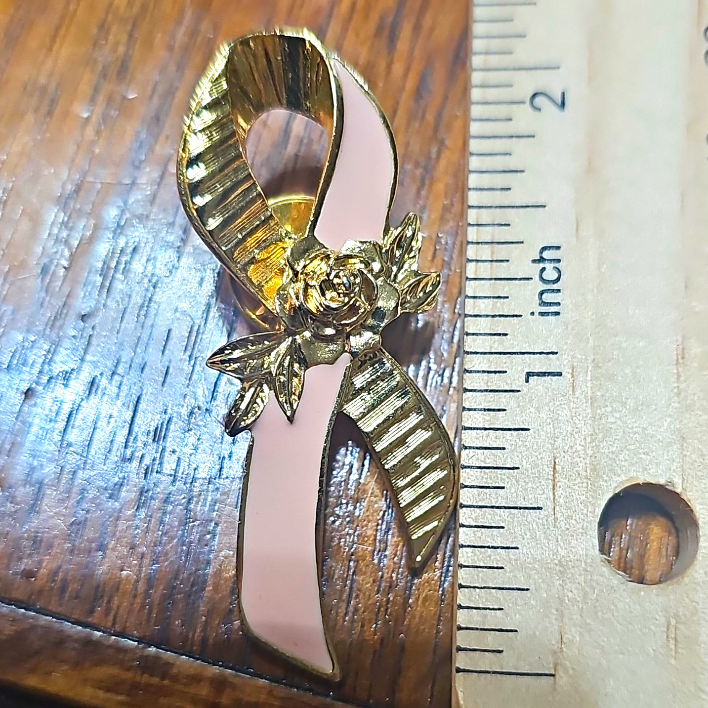 Gold Tone Pink Enamel & Metal Awareness Ribbon Bow Pin Brooch, 2 in