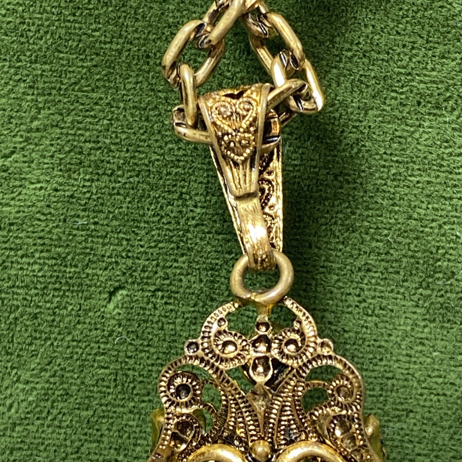 VTG West Germany Blue Rhinestone Filigree Pendant 26″ Necklace 3.25″ Czech Glass