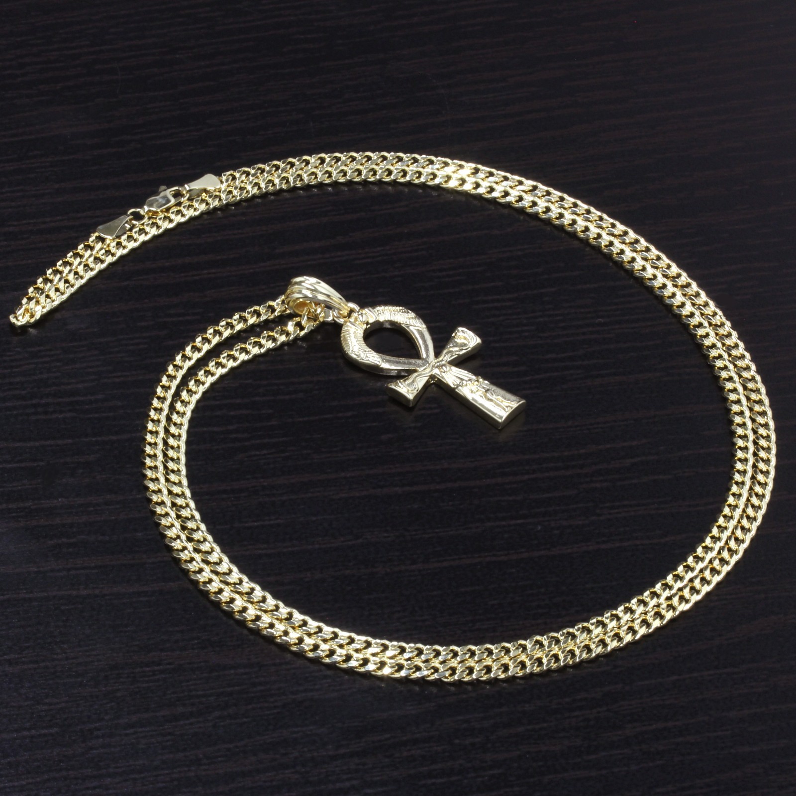 Men’s 14k Gold Plated All Gold Engrave Ankh Pendant Hip-Hop 30″ Cuban Chain