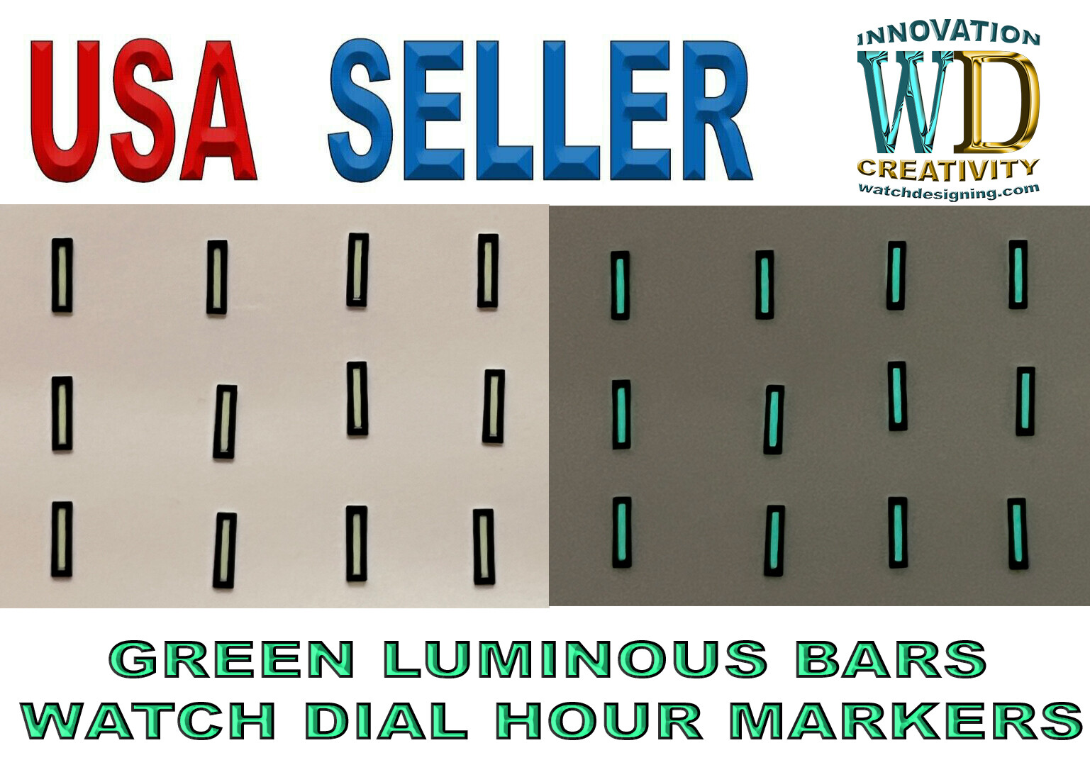 Watch Dial Hour Markers 12 pieces Green LUMINOUS bars Indexes Rectangles indices