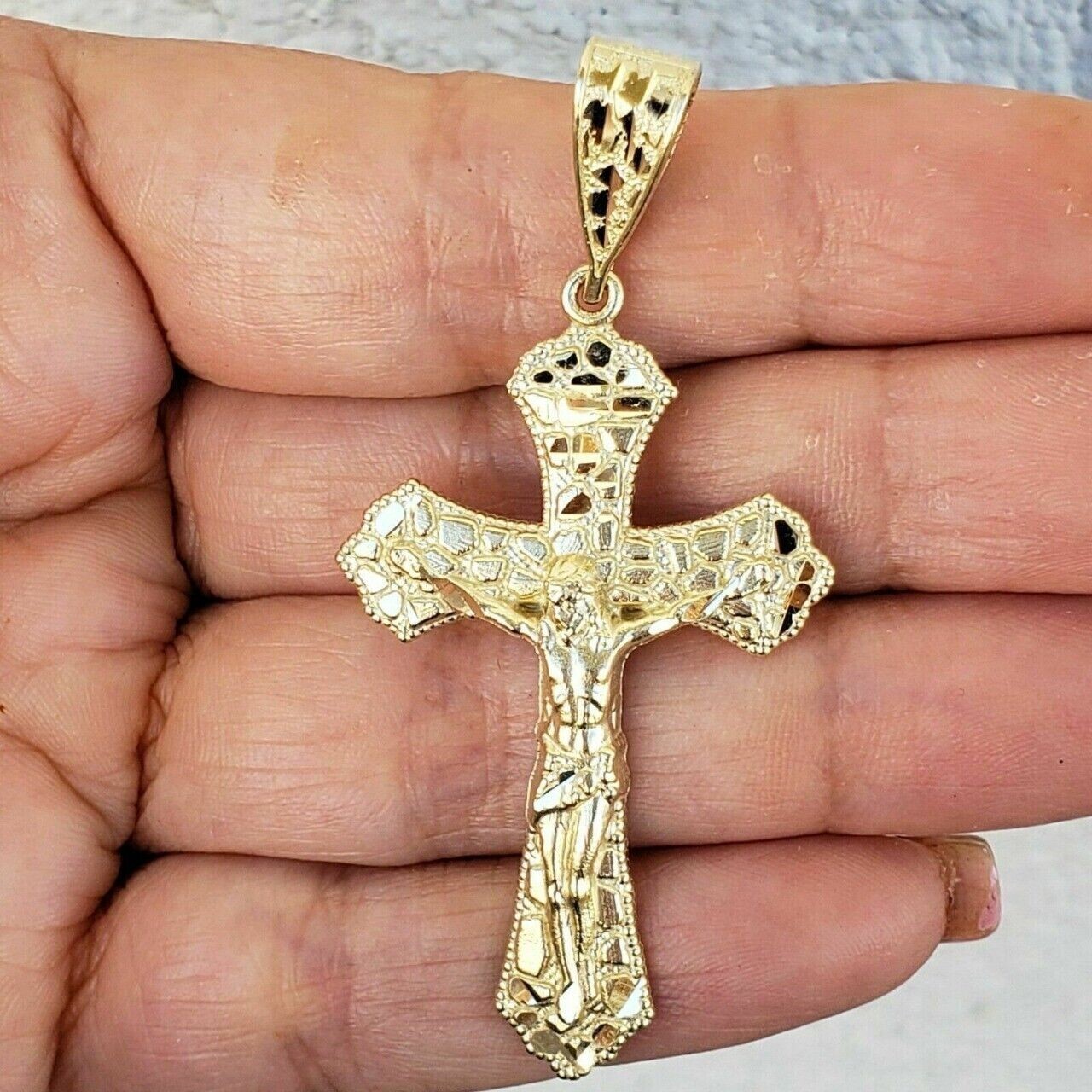 Estate Nugget Jesus Cross Pendant Charm Pendant 14K Yellow Gold Plated Silver