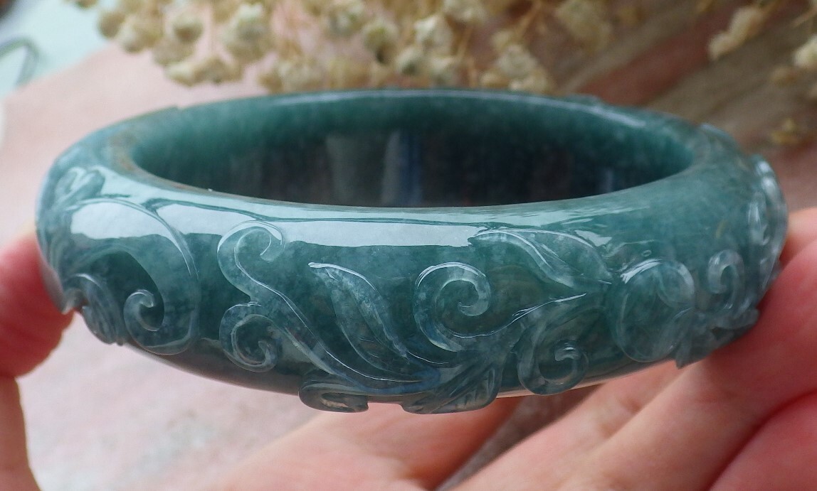 Certified Blue Green JADE Jadeite Dragon Phoenix Bangle Bracelet 69mm 589283 AS