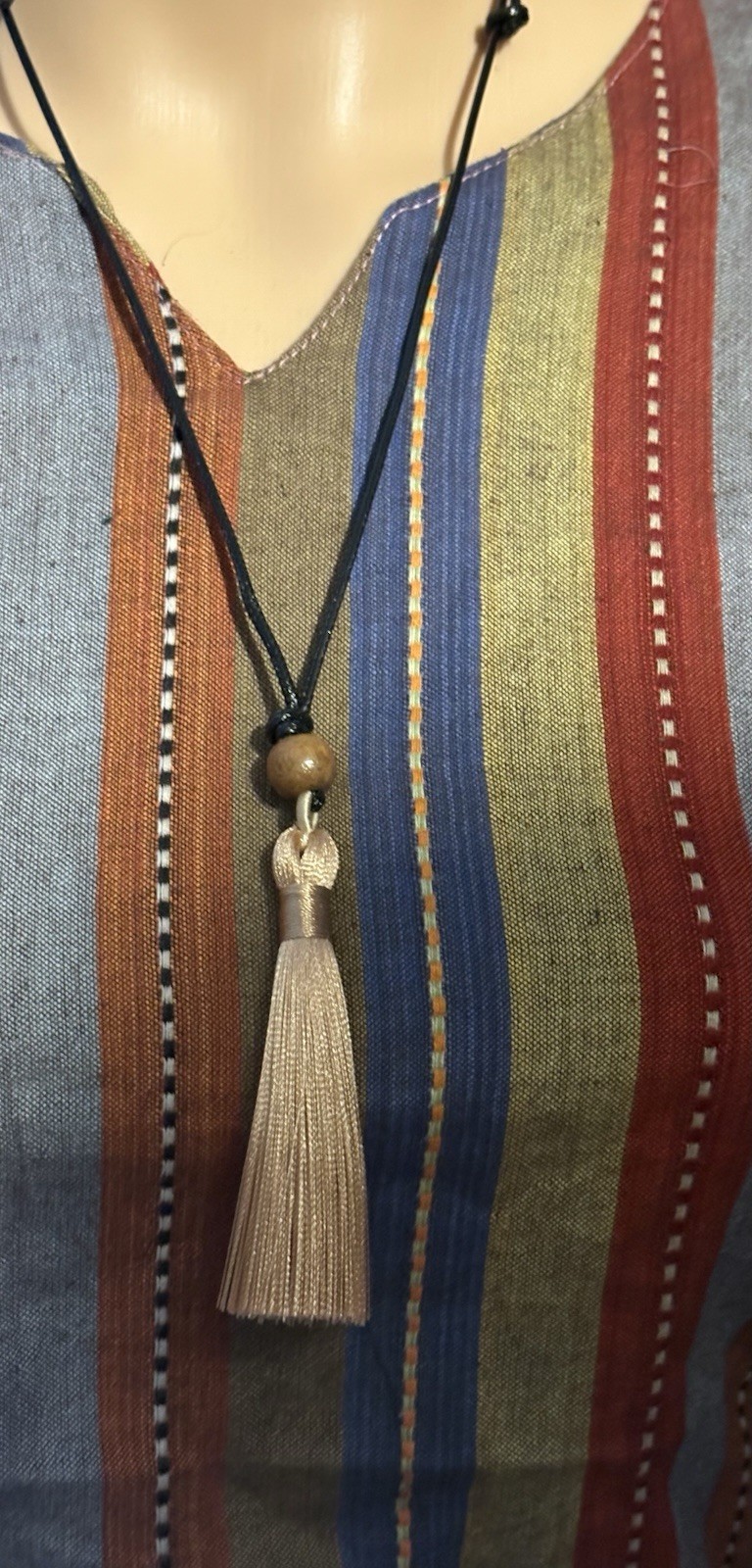 Boho Tassel Pendant Black Cord Necklace Gold Bead Adjustable Slide Closure