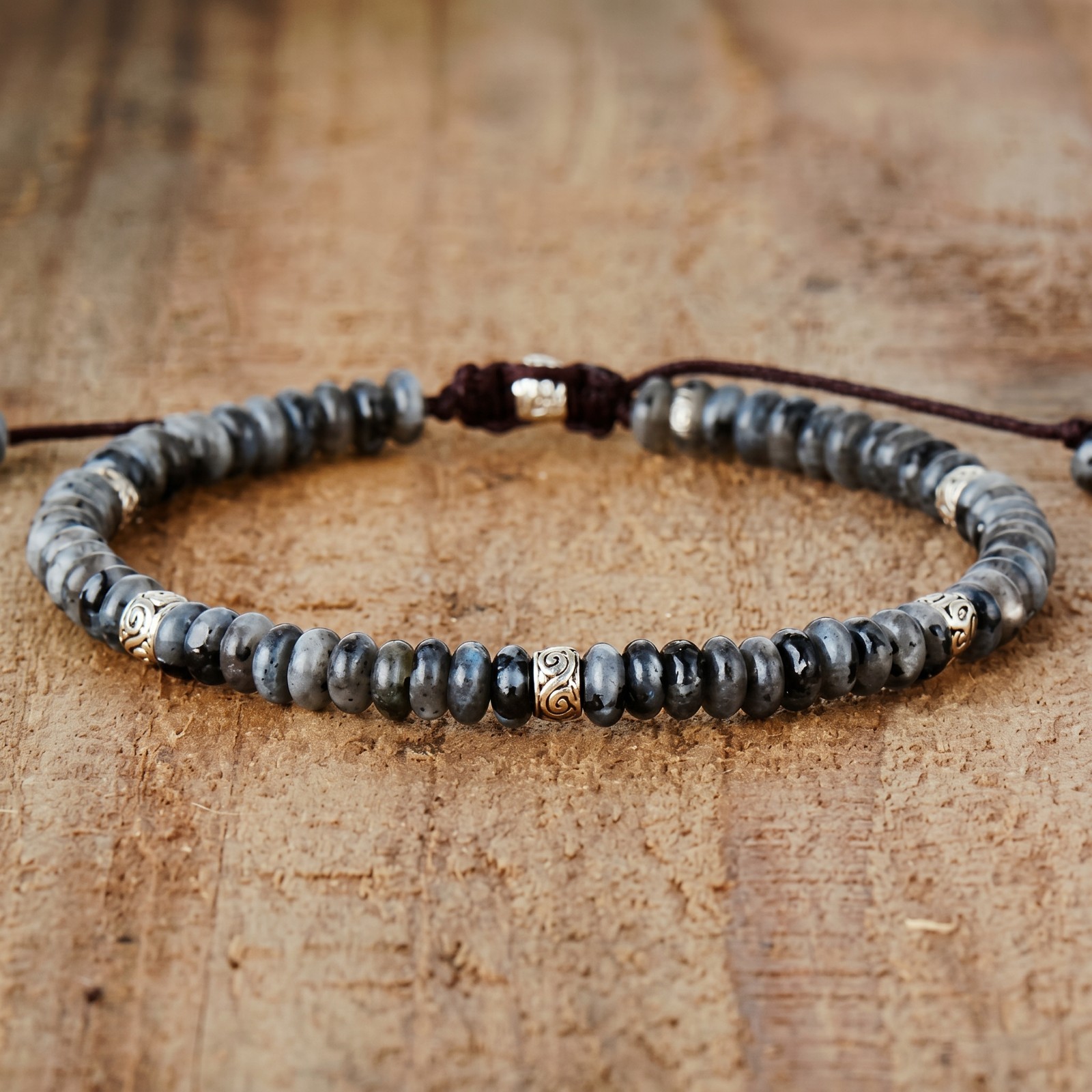 Natural Larvikite Bracelet Disc Bead Adjustable Macrame Protection Grounding