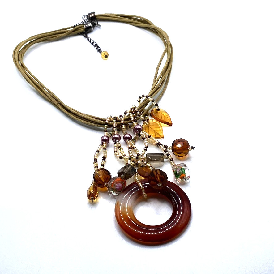Glass dangle pendant necklace 46cm adjustable multi strand cord Boho vintage