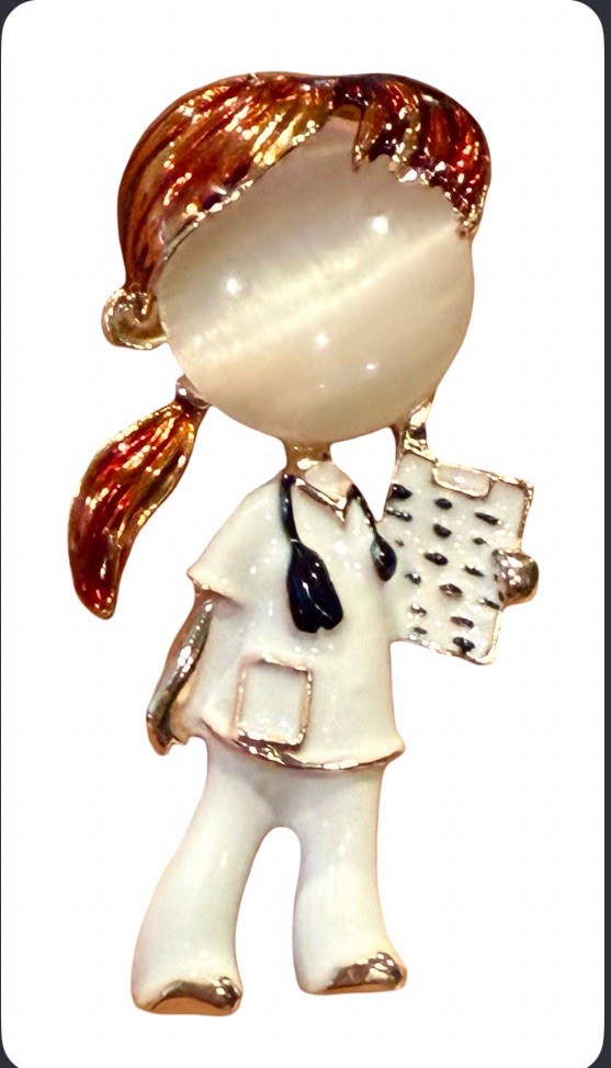 Cute Enamel Nurse Brooch In White Scrubs & Clipboard Medical Jewelry Pin 1.5”