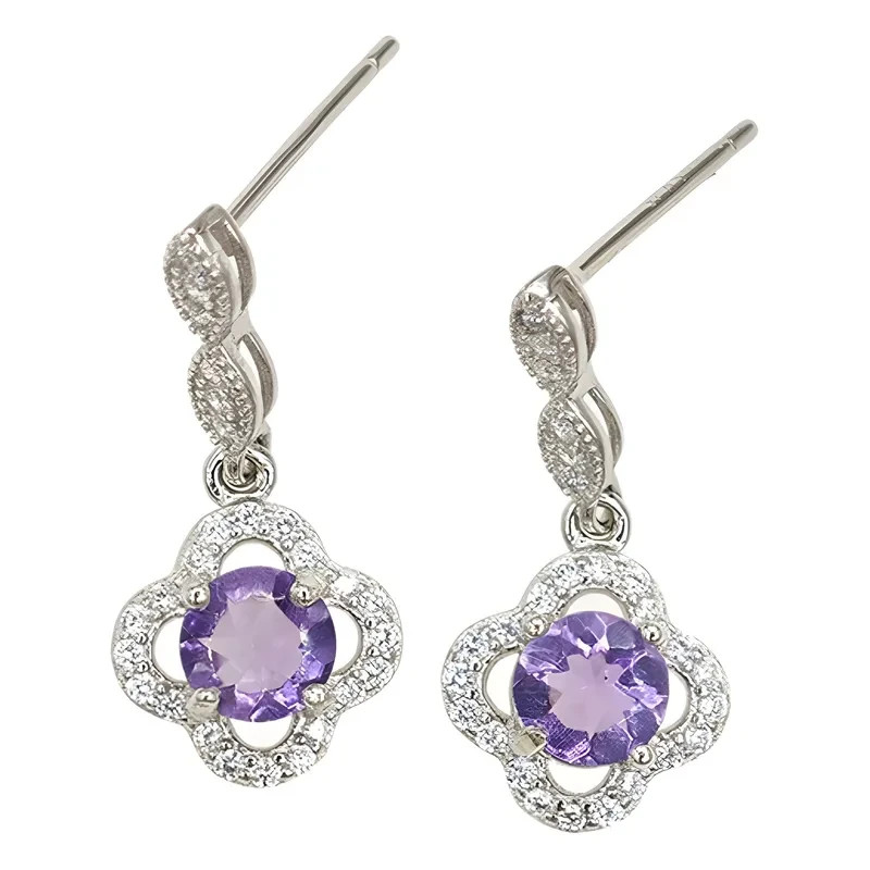 925 silver amethyst four leaf clover zircon stud dangle earrings 1″