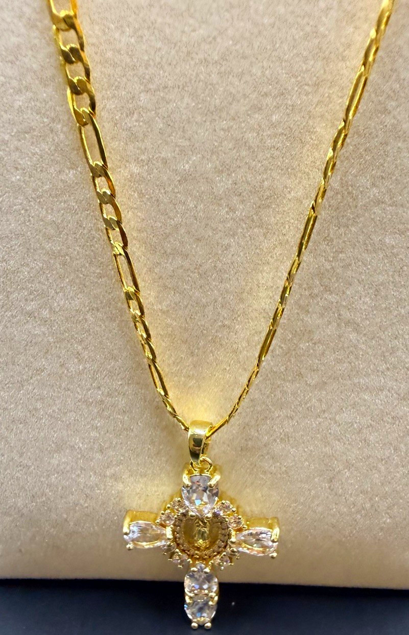 Gold Tone Cross Pendant Necklace Clear Crystal Prong Set, Figaro Chain