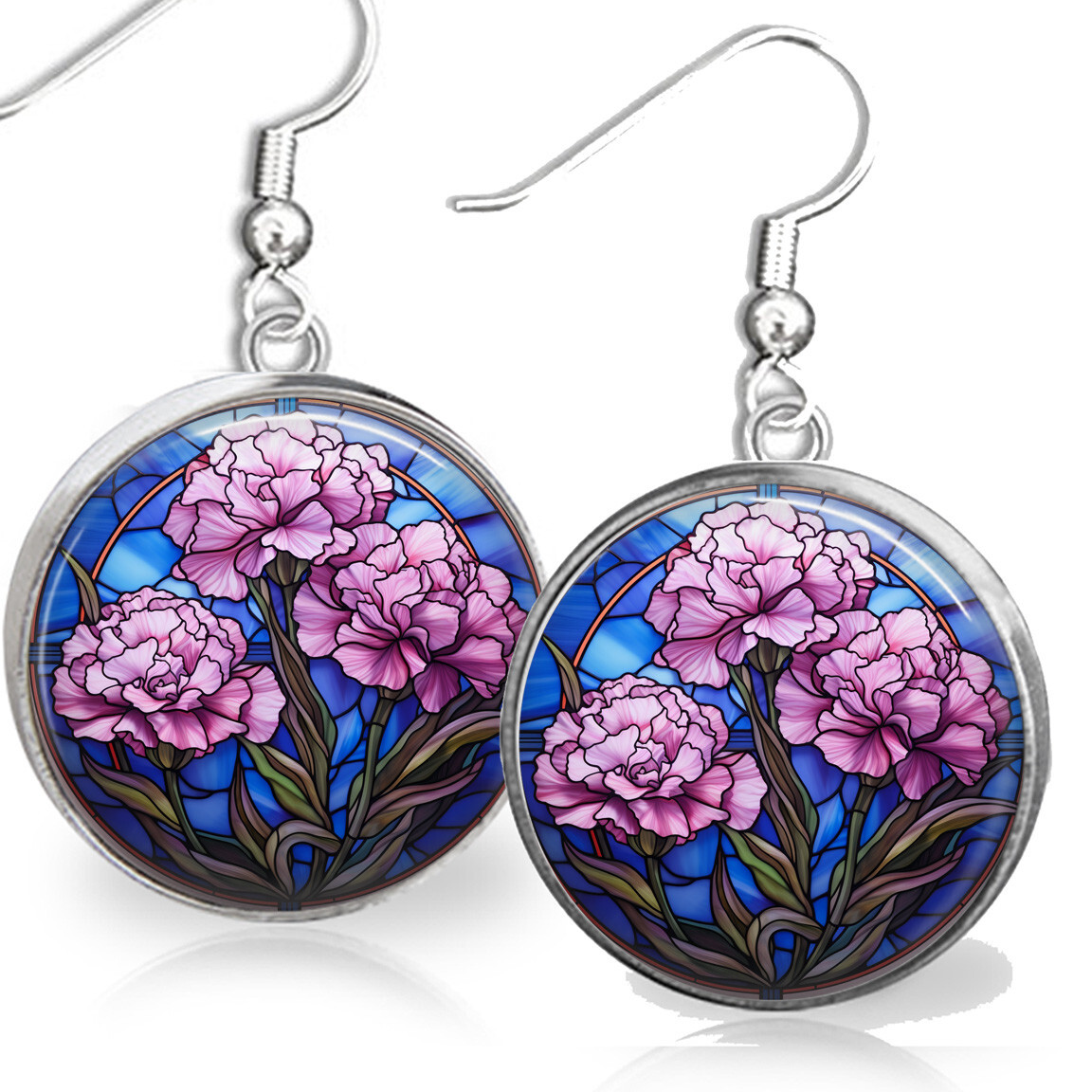 Blooming Carnations Earrings Faux Stained Glass Art January Birth Month Flower