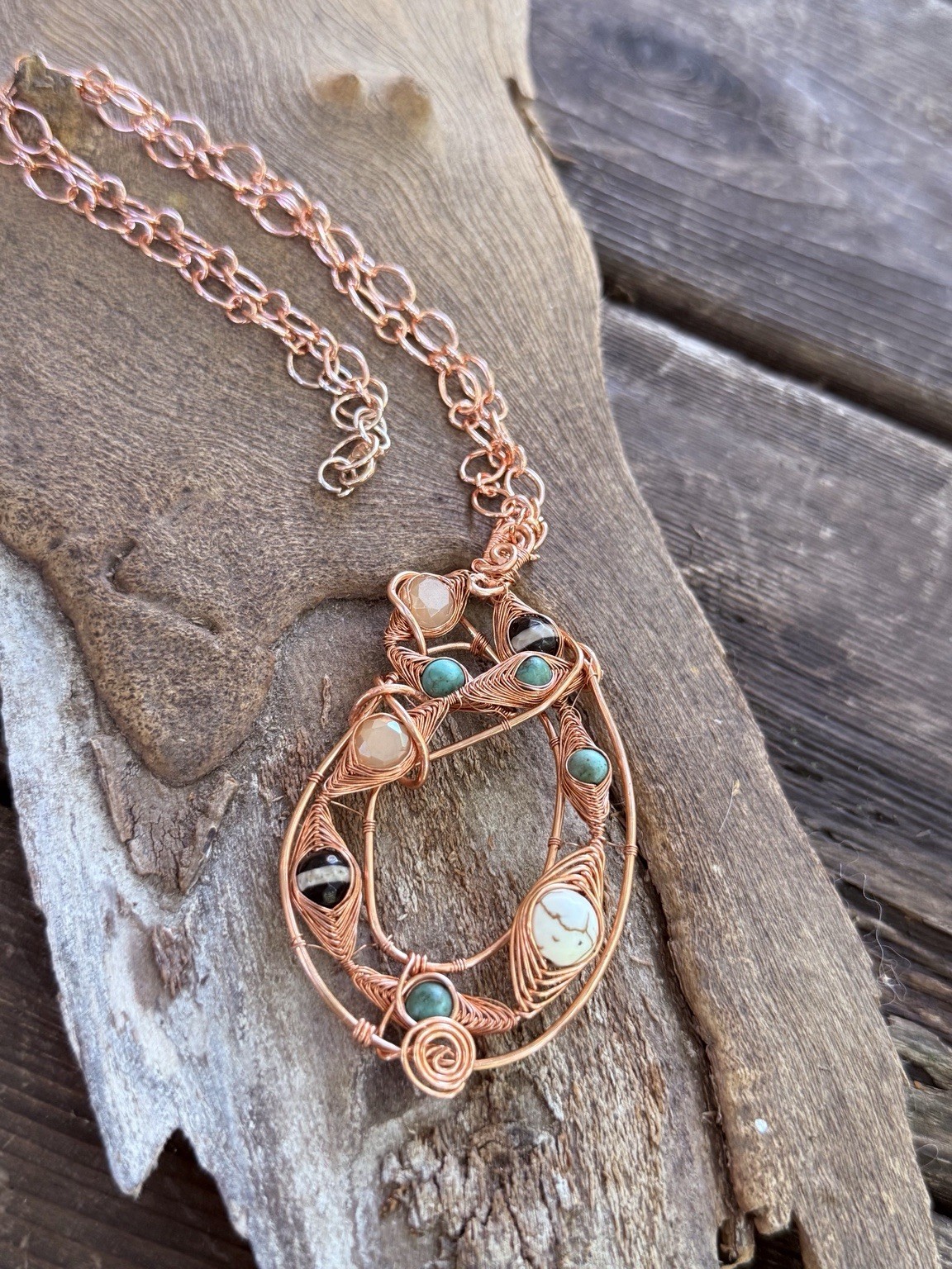 Handmade Copper Wire Wrapped Pendant Necklace Western Boho Beaded Jewelry
