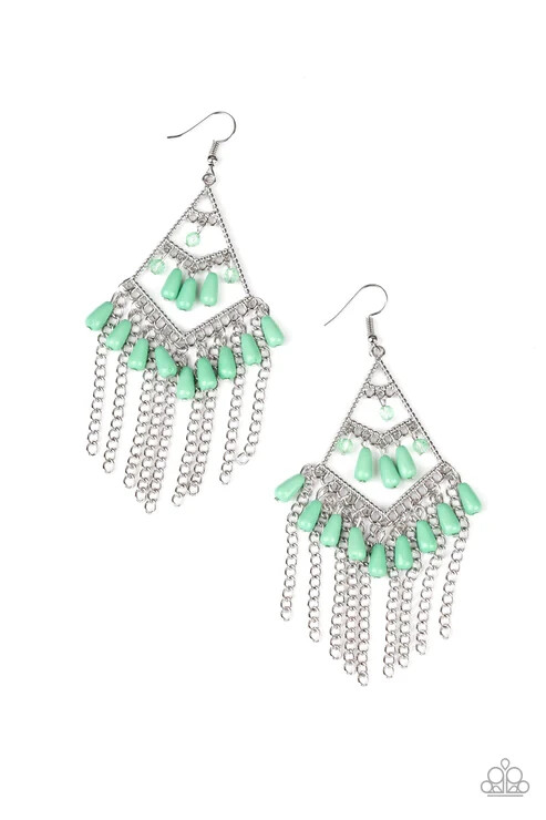 Paparazzi Earrings- Trending Transcendence- Mint Green Beads- Silver Fringe Kite