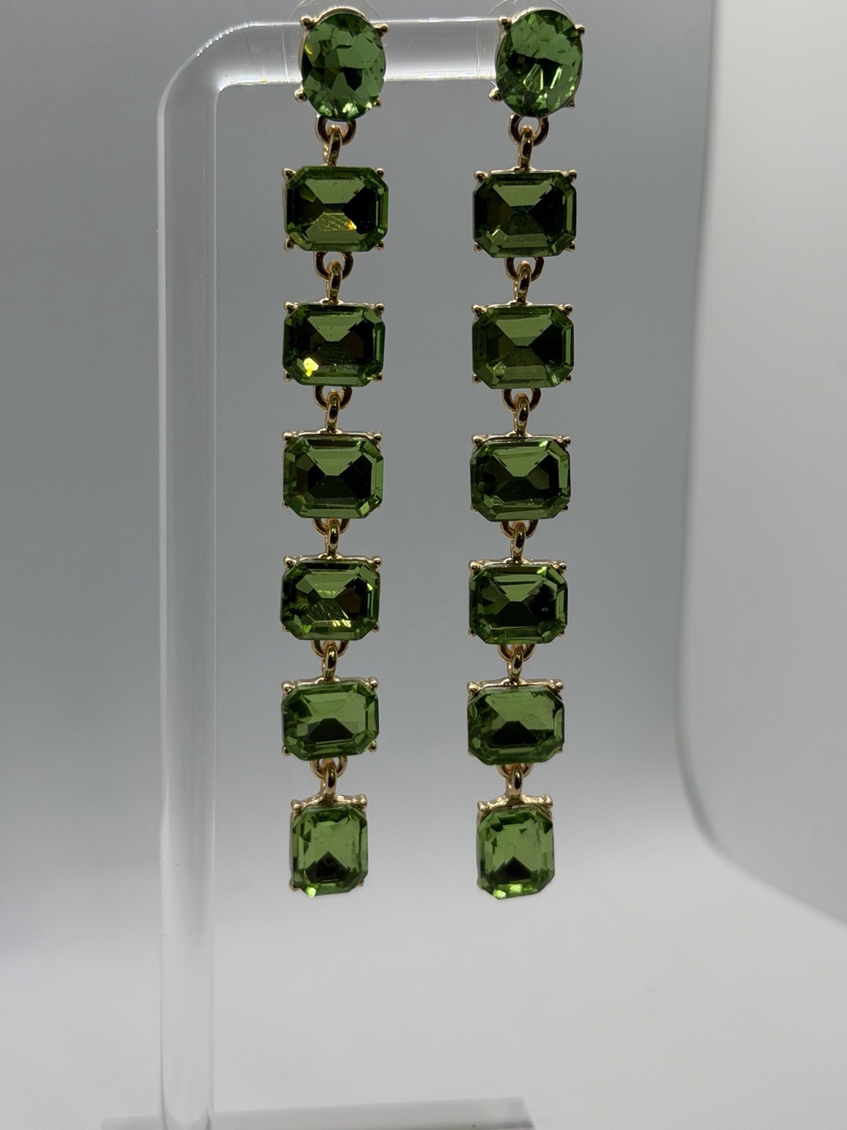 Green Crystal Rectangle Dangle Drop Earrings Gold Tone Prong Set 3.75 in