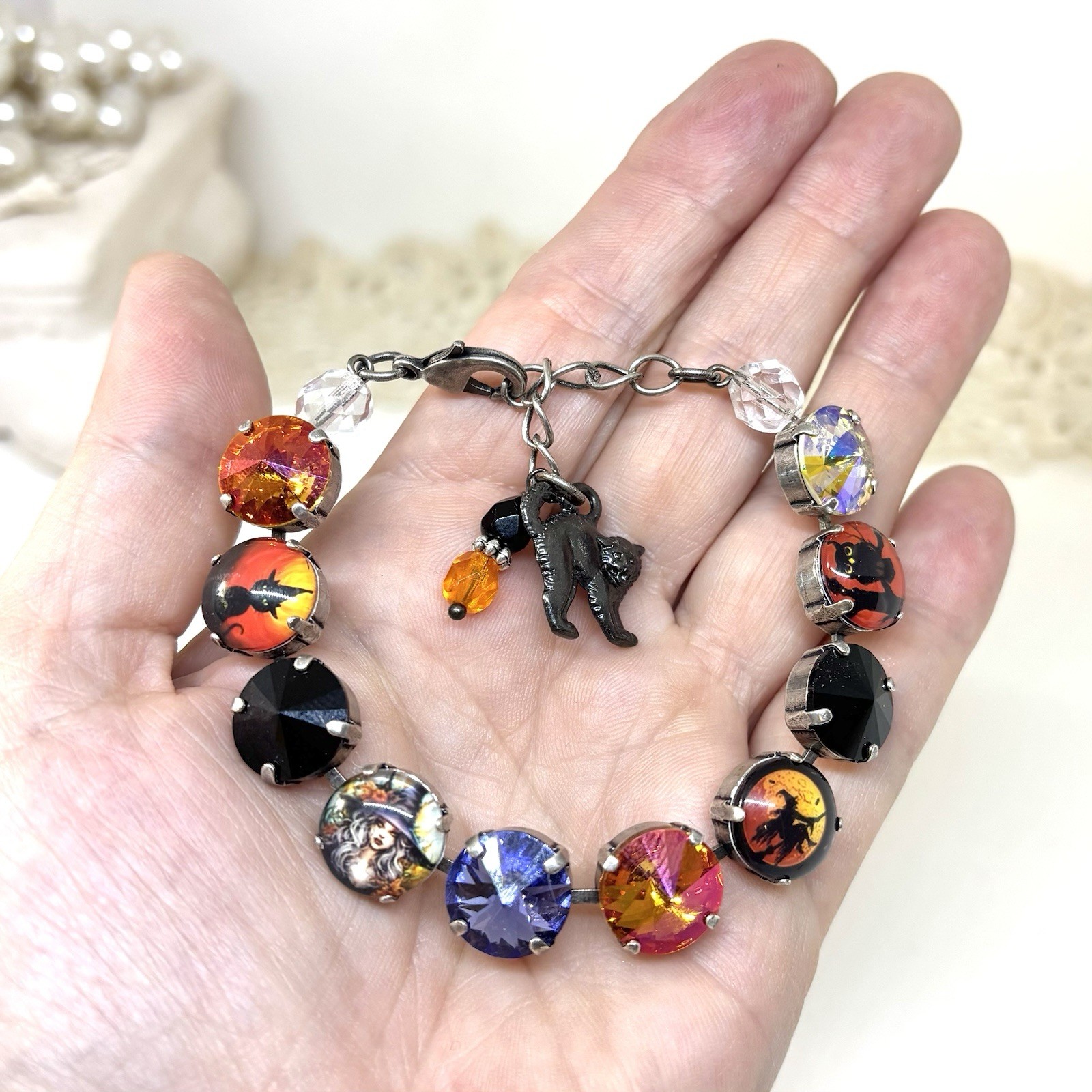 Orange Halloween Witch Cup Chain Statement Bracelet With Jet Black Crystals