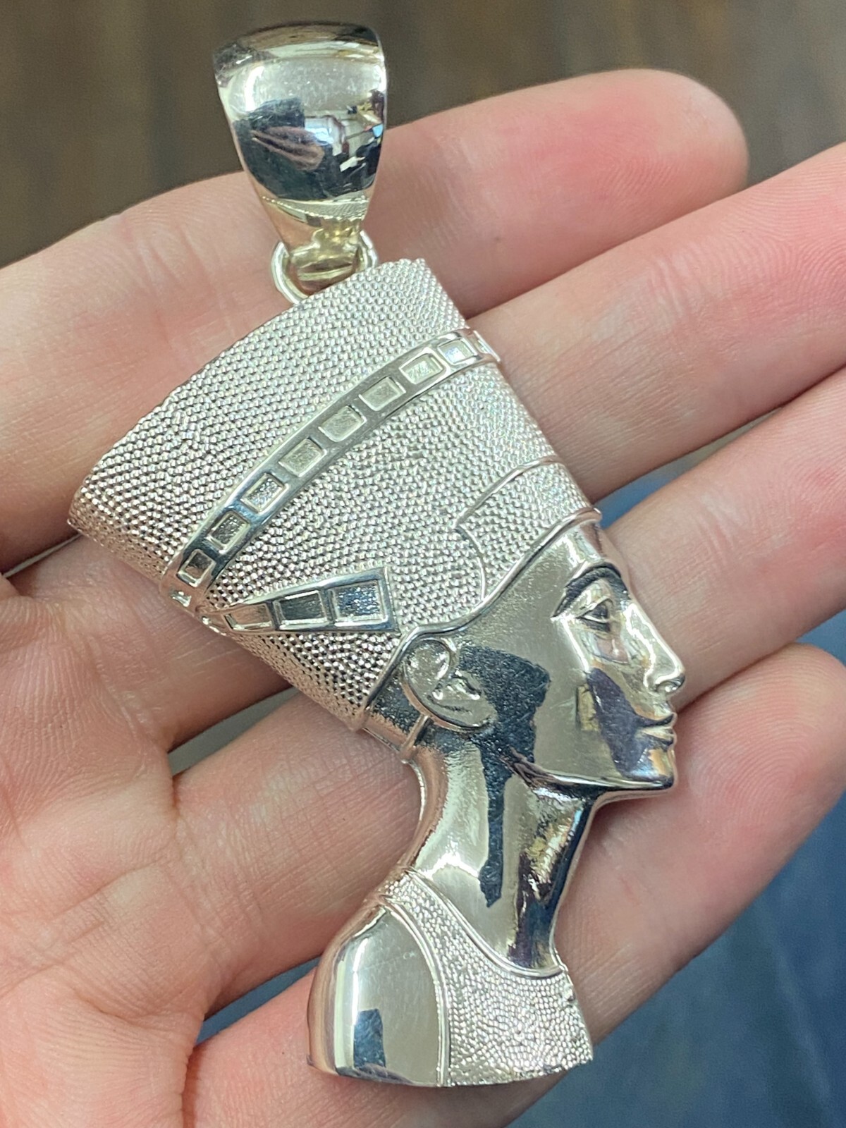 Egyptian Queen Nefertiti 3.25″ Sterling Silver 925 Charm Pendant 61 grams