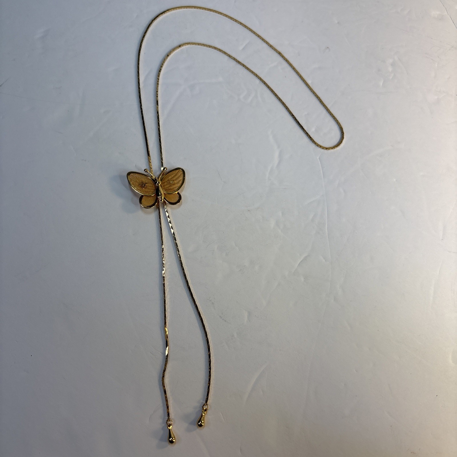 Vintage Gold Tone Filigree Butterfly Adjustable Slider Necklace 29”