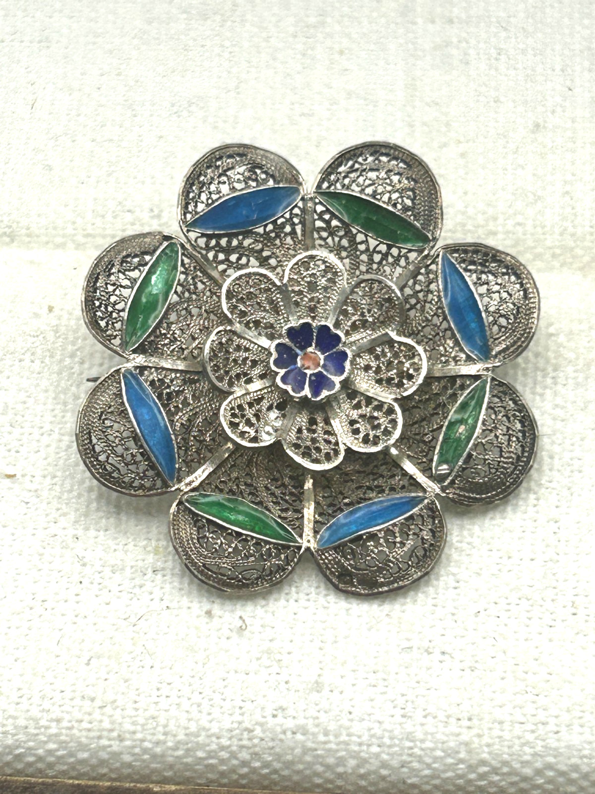 Antique 835 Silver Rocaille Flower Filigree Brooch.