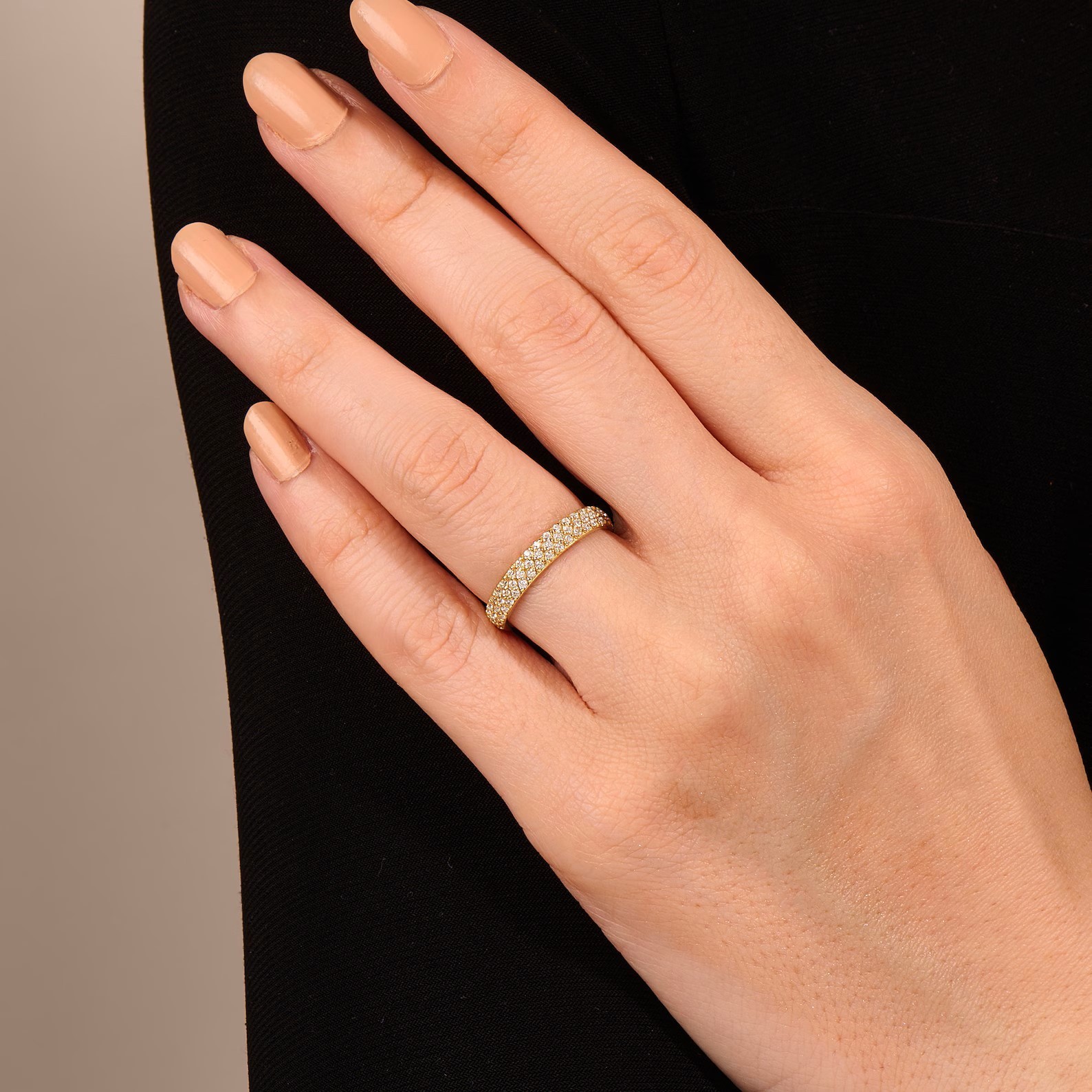 Minimalist Dome Ring Pave Moissanite Eternity Band Ring Solid 14k Yellow Gold
