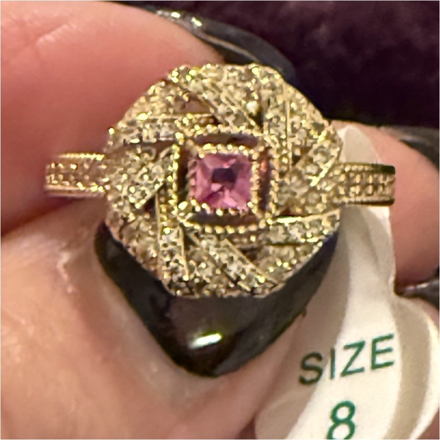 Gold Plated Pink Lab-Created Corundum Halo Cocktail Ring CZ Size 8 KG84278