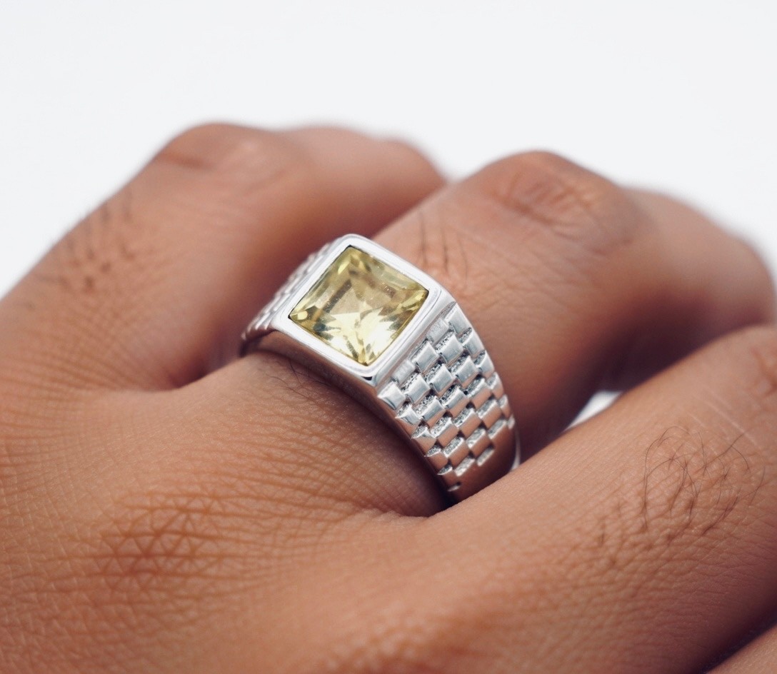 MENDEL Mens Faux Square Yellow Citrine Stone Ring Men Stainless Steel Size 7-13