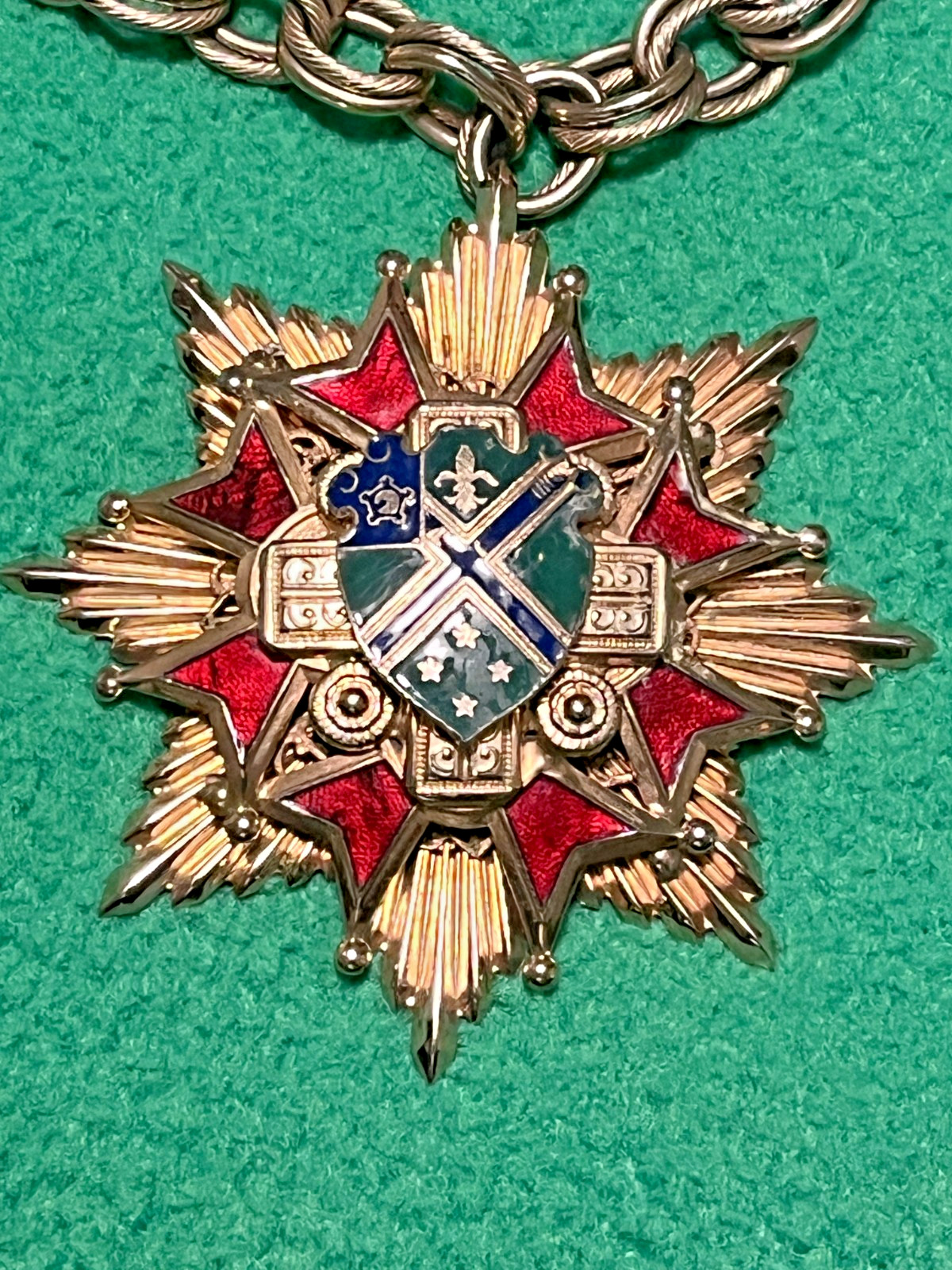 Vintage Heraldic Coat of Arms Huge Pin Pendant Brooch, Heavy chain , Masons ?
