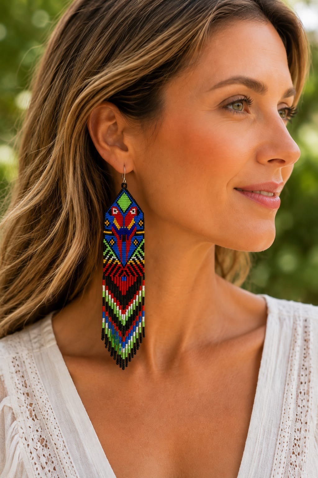 Handmade Seed Bead Fringe Earrings Long Tassel Boho Dangle Statement Jewelry.