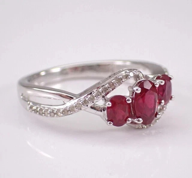 2.50Ct Oval Cut Lab-Created Ruby Three Stone Engagement Ring White Gold Plated