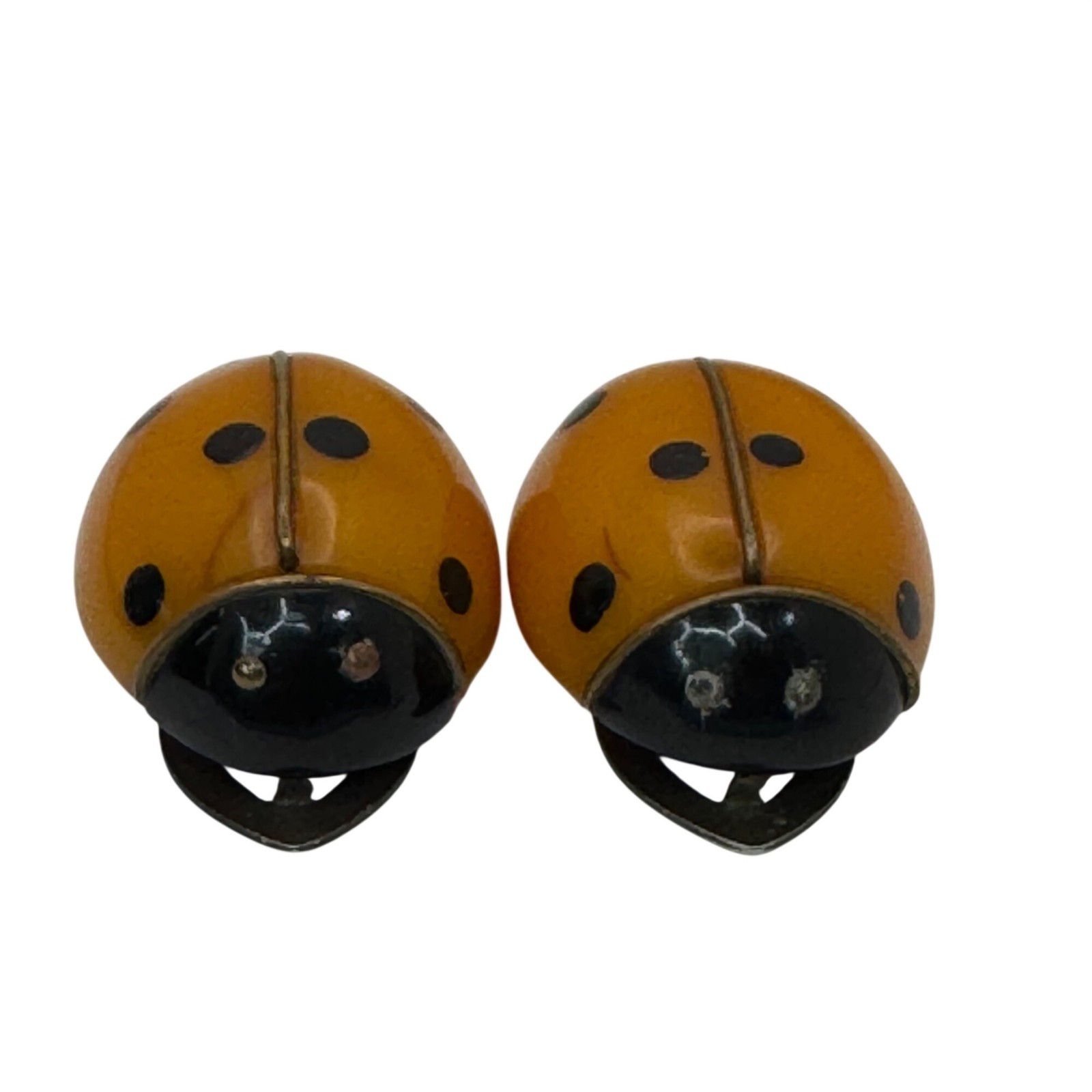 Bakelite Ladybug Shoe Clips Brooches RARE 1.5″ Vtg Yellow Polka Dotted Orange