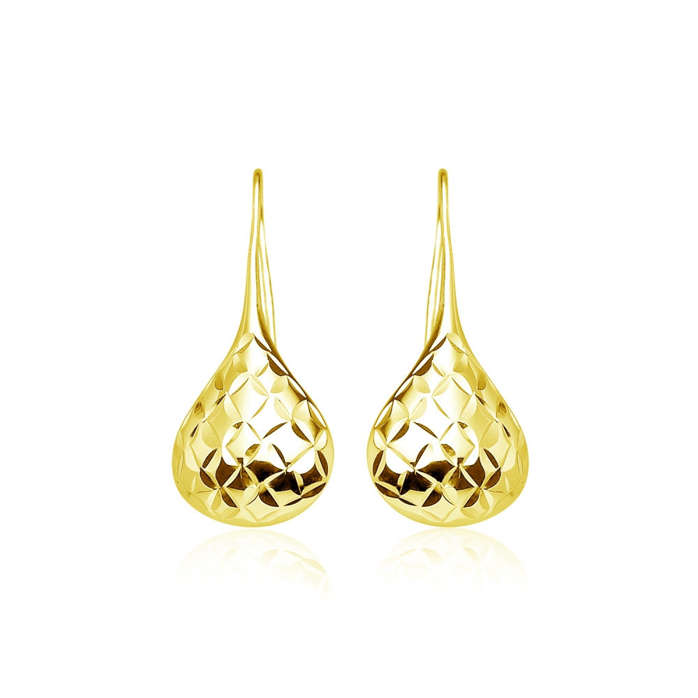 Yellow Gold Flashed Silver Diamond-Cut Pear Shape Lotus Polished Drop Earrings