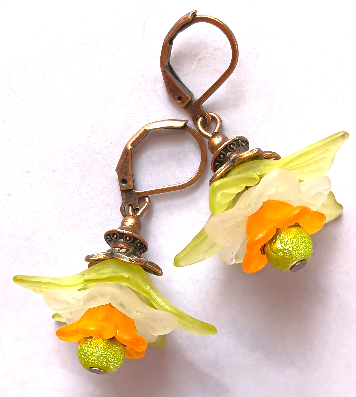 lime orange ACRYLIC LILY Green bicone Crystal COPPER LEVERBACK #ACTA