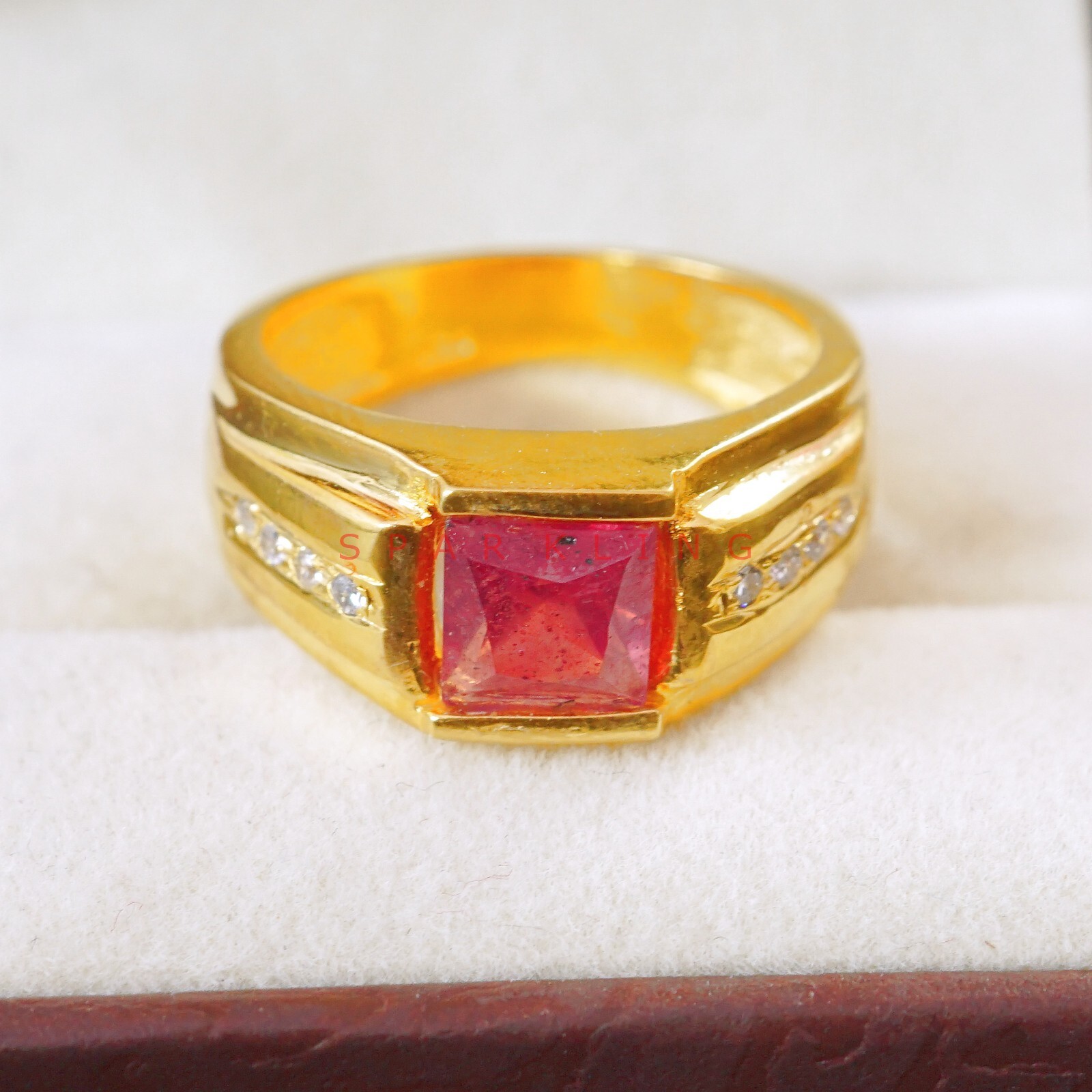 Ruby Cushion Cut With 14K Solid Gold Ring For Men’s #E532
