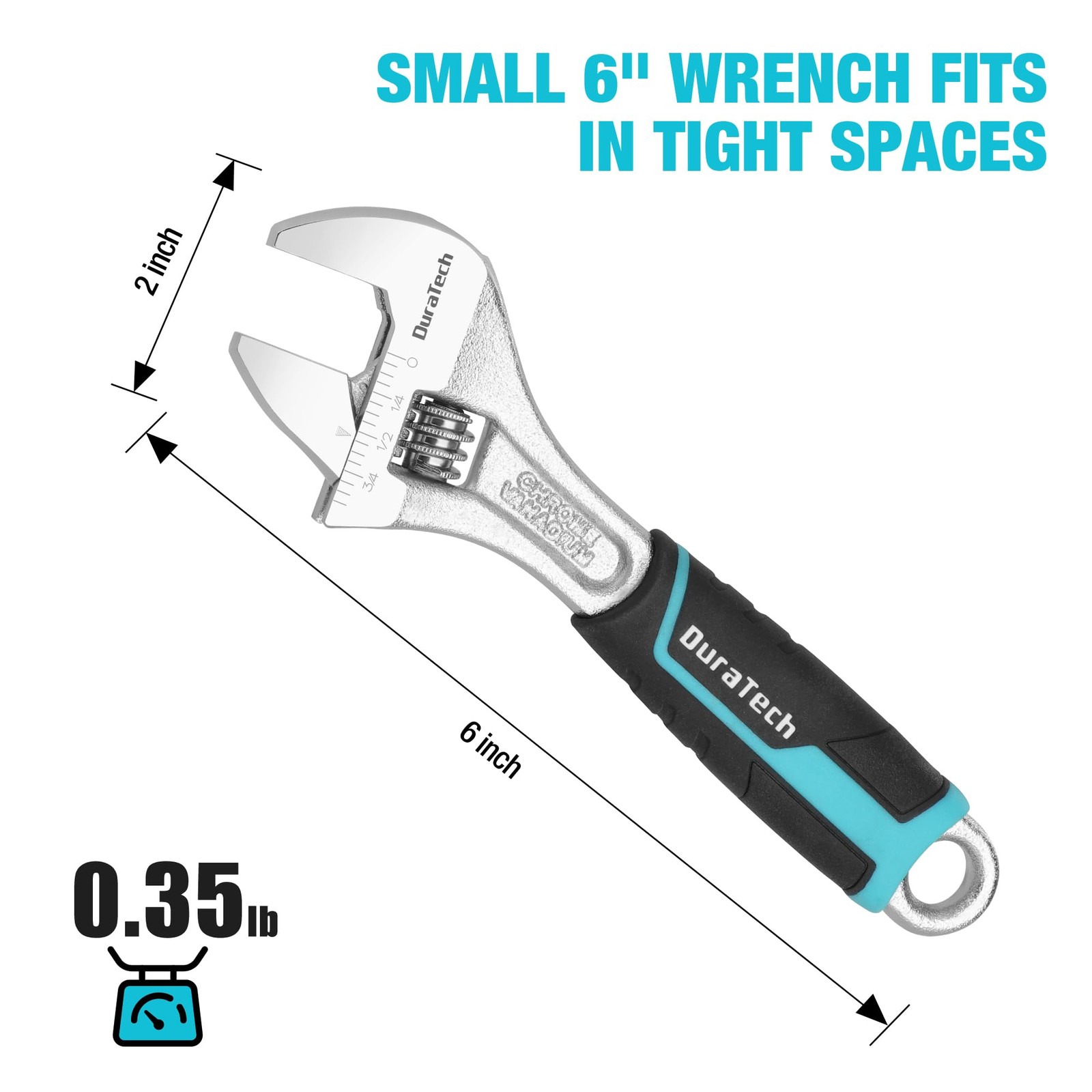 DURATECH 6-Inch Adjustable Cr-V Steel Wrench, Wide Jaw 6 inch, Black