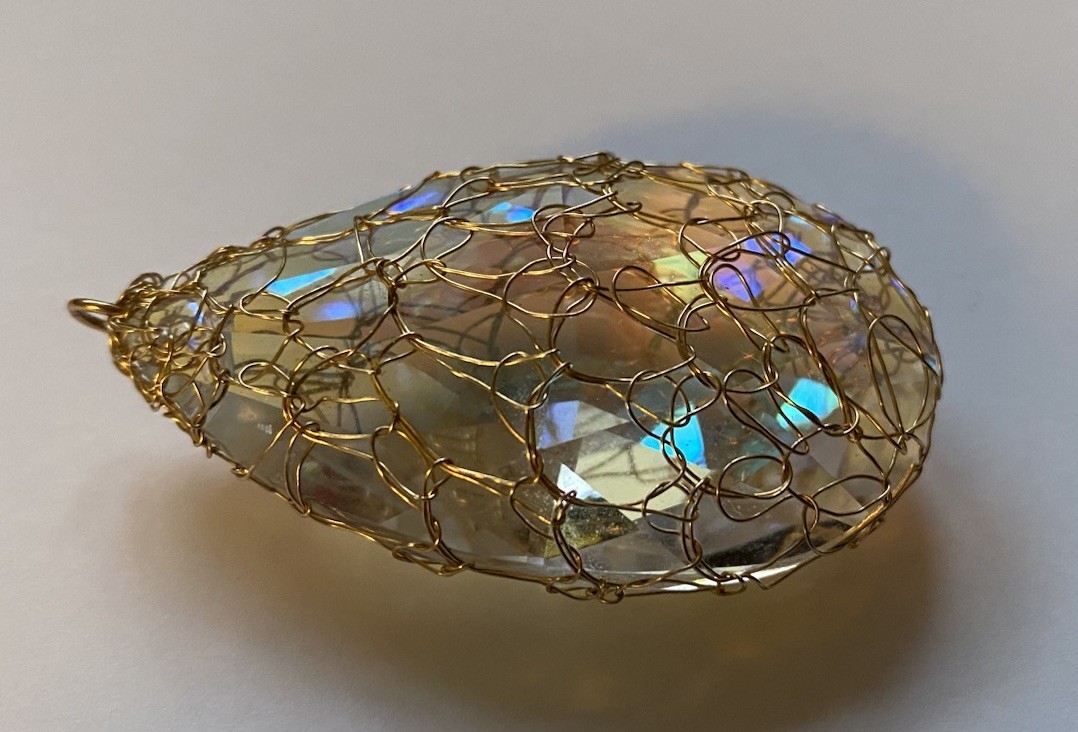 Large, Aurora Borealis Crystal Pendant In 9ct Gold Plated Net Setting