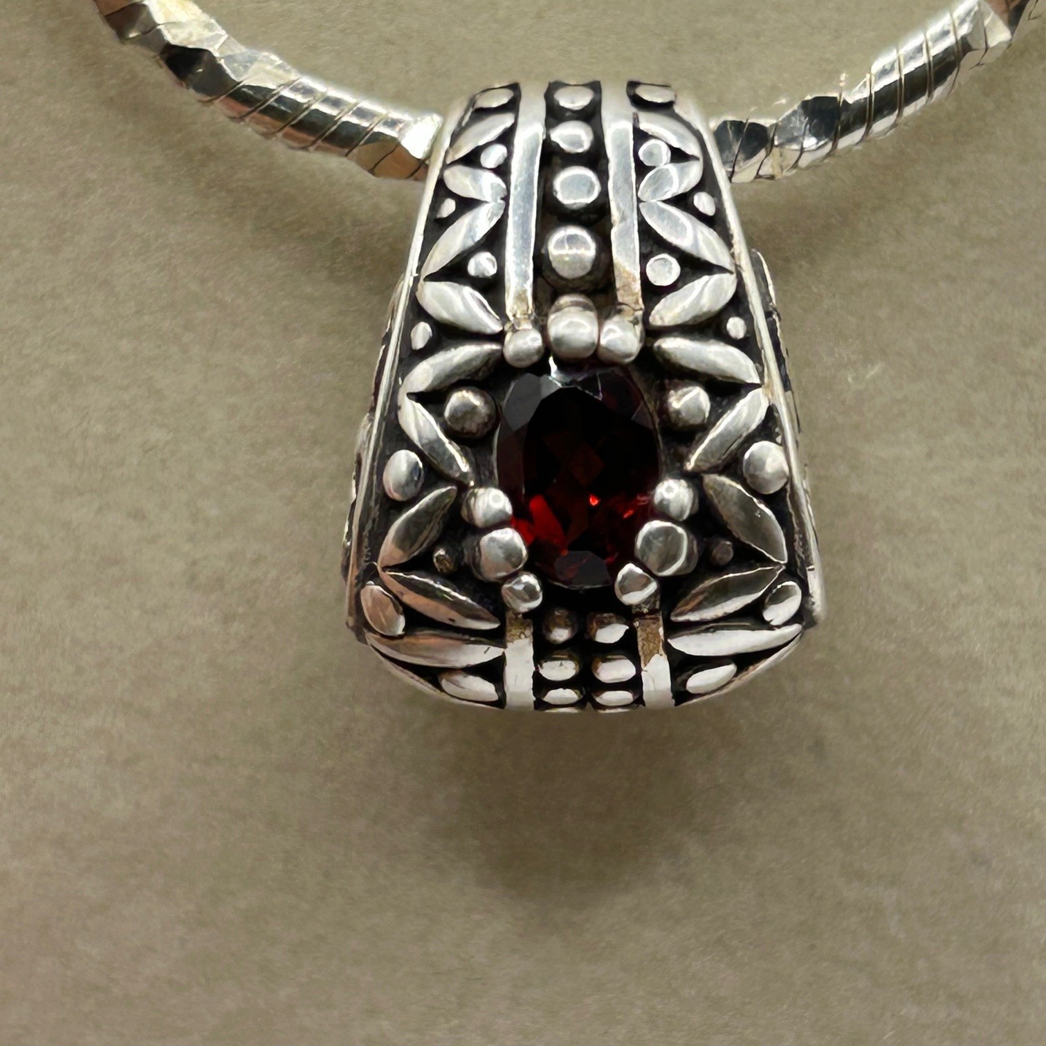 Ornate 925 Sterling Silver Scrolled Long Necklace 30″ w/ Pendant Red Stone 32g