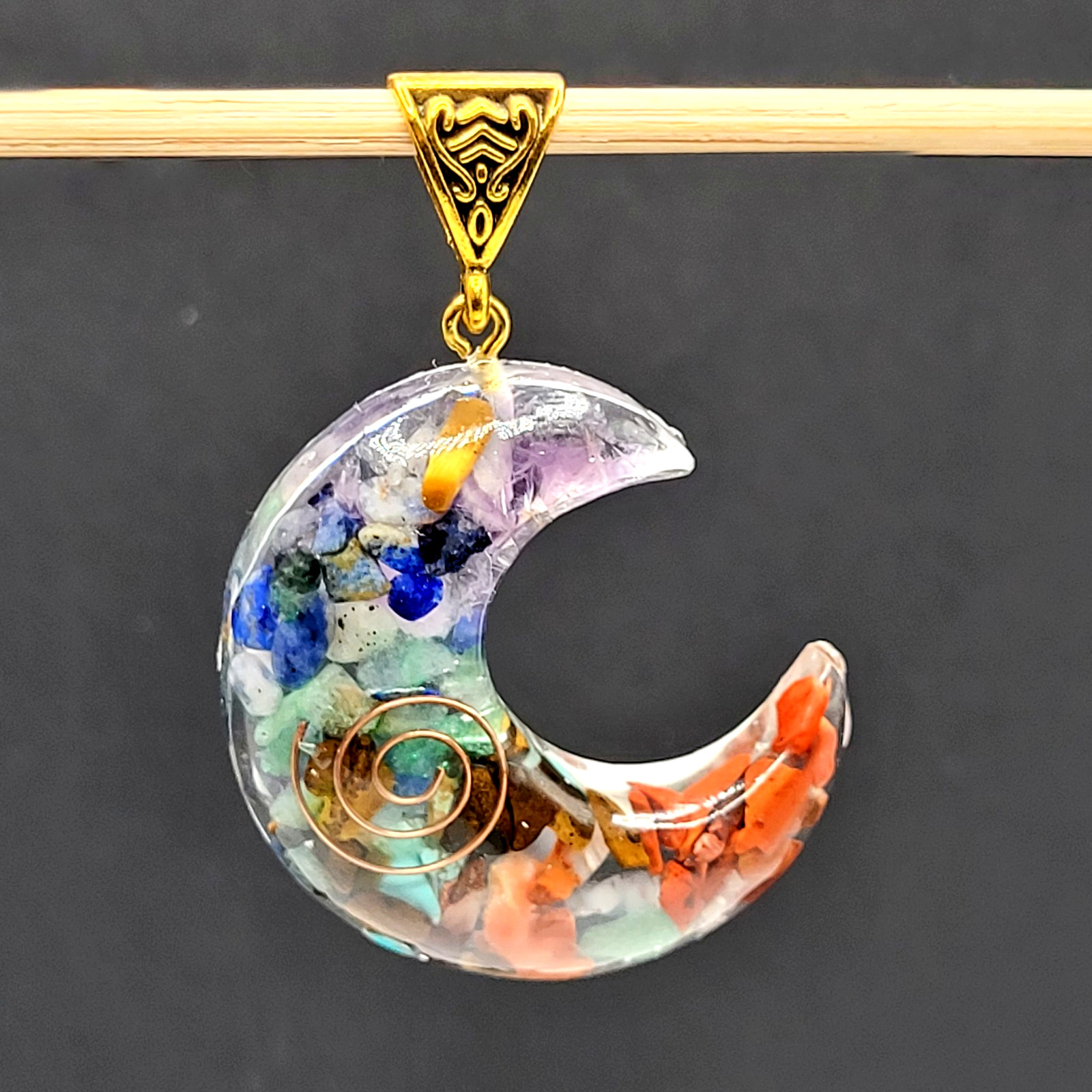 Crescent Moon Shape Orgone Chakra Crystal Chip Pendant Ornate Bail No Chain