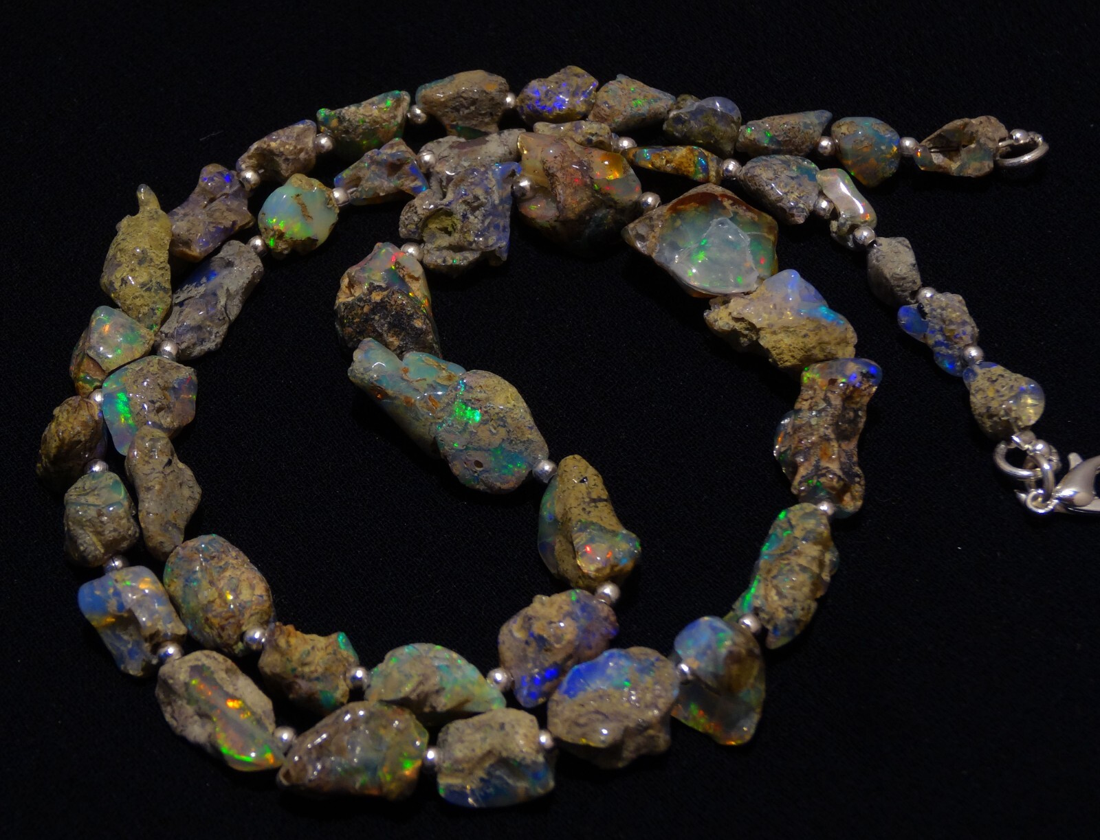 Rainbow Fire Black Opal Rough 9 to 15 mm Freeform Nugget Beads Necklace 19″