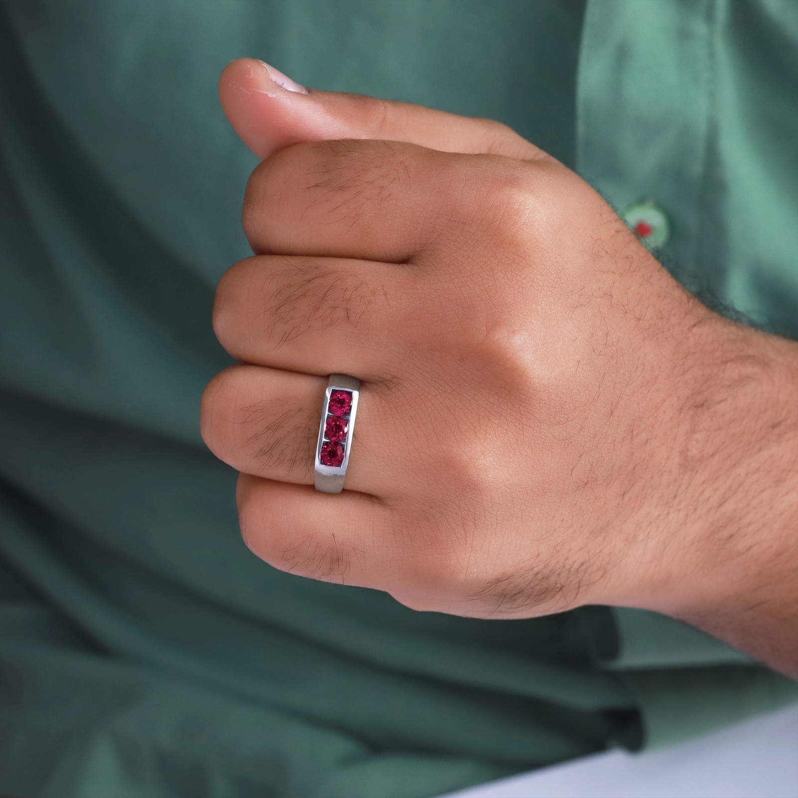 1Ct Mens 3 Stone Band Ring Ruby Lab Grown Gemstone 10k or 14k Gold or 925 Silver
