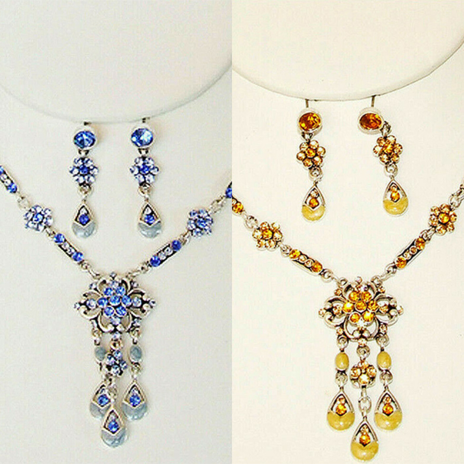 DESIGNER INSPIRED 18in BLUE or GOLD CRYSTAL SILVER NECKLACE EARRINGS JEWELRY SET