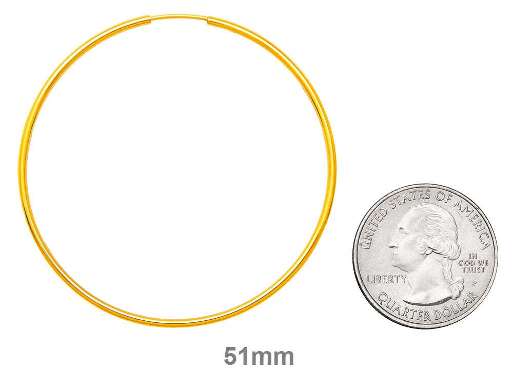 14k Yellow Gold Continuous Endless Hoop Earrings (1.5mm), All Sizes