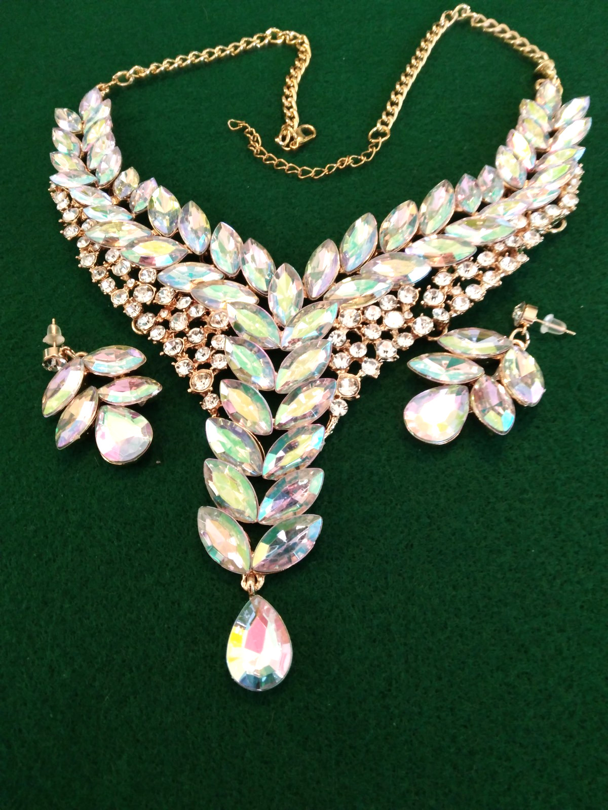 Contemporary Necklace Set Acrylic AB Marquis Stones Gold Tone Pierced Bridal