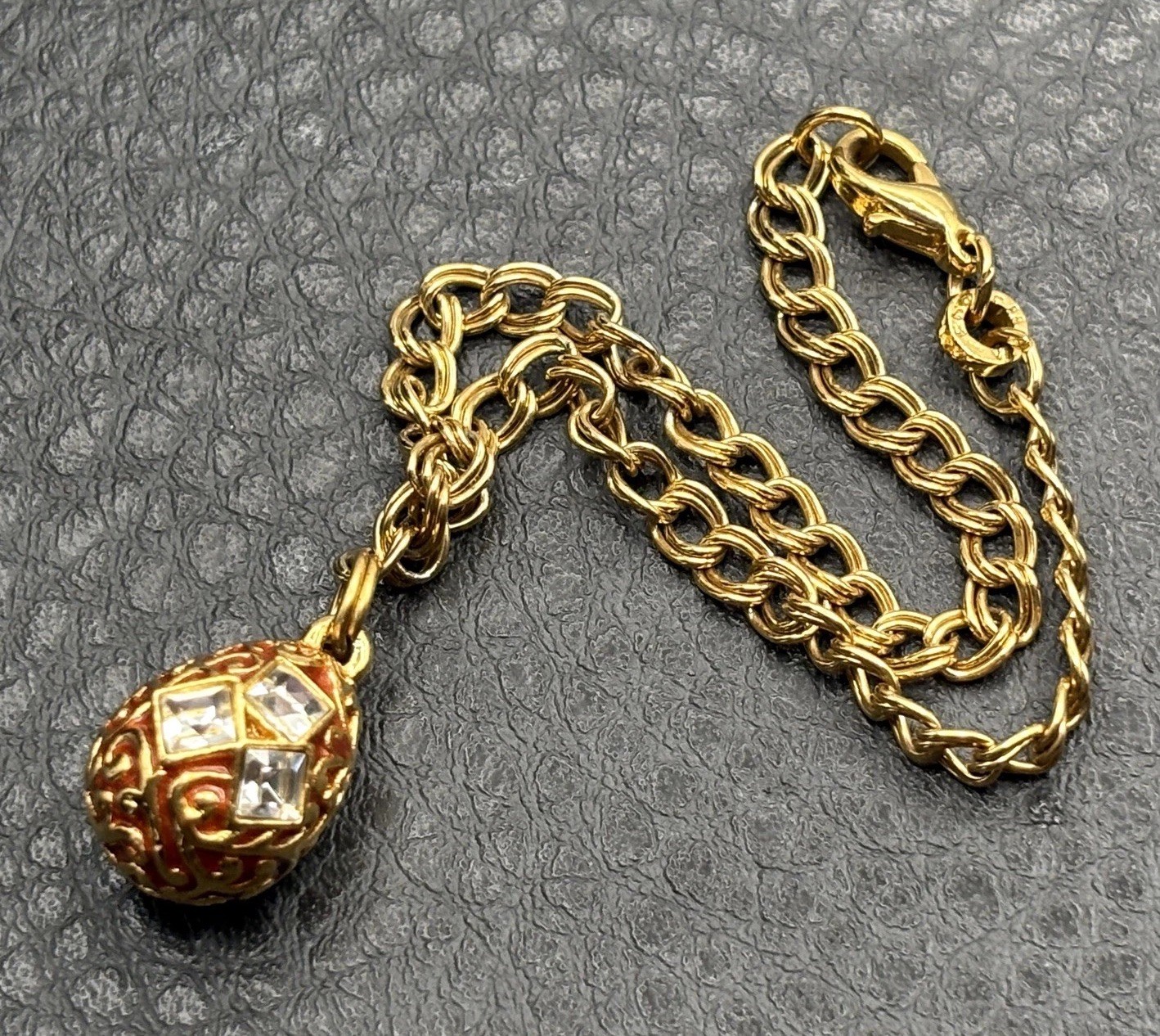 VTG Gold Tone Enamel Egg Charm Bracelet Clear Crystal Accents Double Link Chain